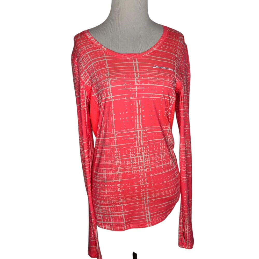 Brooks Women Running Neon Pink Athletic Tee Long Sleeve Lightweight Mesh Medium